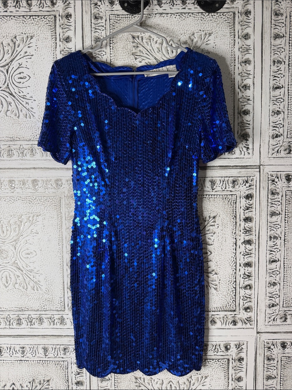 Vtg Niteline Blue Sequin Short Sleeve Party Dress - Elegant Evening Style